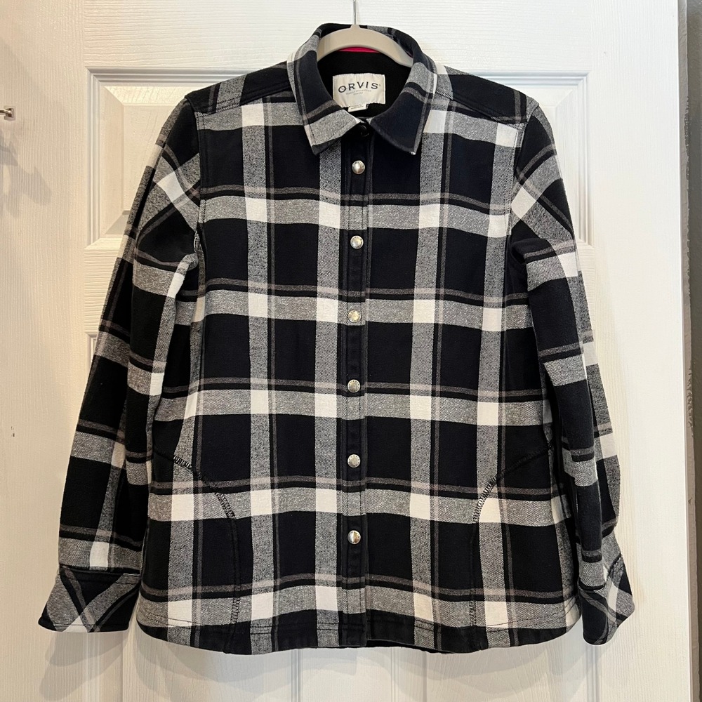 Orvis Shirt Jacket Cotton Flannel Fleece Lined Black White Plaid Rustic Large